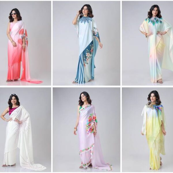 Women's Modern Dual-Tone Peach & Off-White Satin Silk Kaftan Saree with Digital Print Neck Design